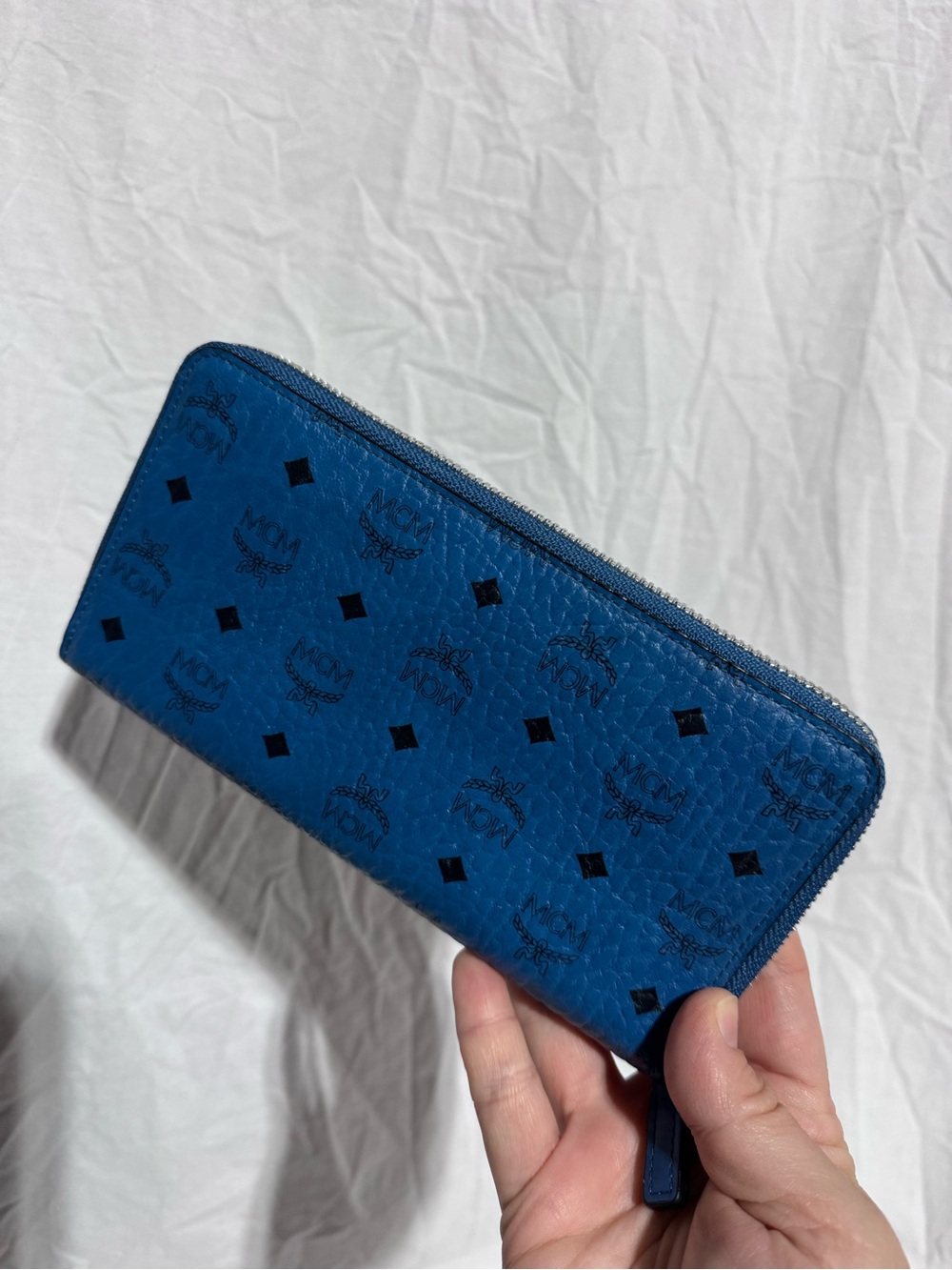 MCM Blue Monogram Zip-Around Wallet
